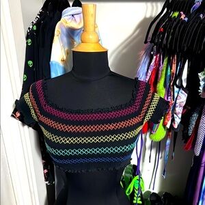 Vintage Y2K LA Hearts Black Rainbow Convertible Stretchy Micro Crop Top Size S